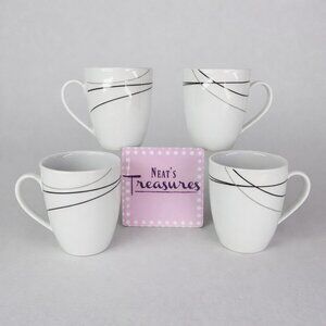Tabletops Gallery ALEC Black & Gray Lines 12oz Porcelain White Mugs Cups Set 4